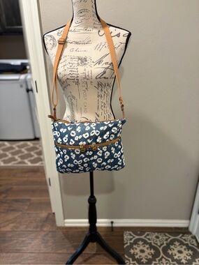 Blue Floral Crossbody Bag with Tan Strap